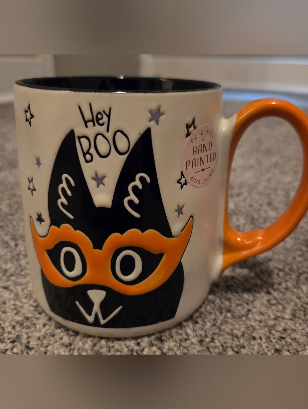 Hand Painted 'Hey Boo' Black Cat Mug - Orange & Black Halloween Spooky